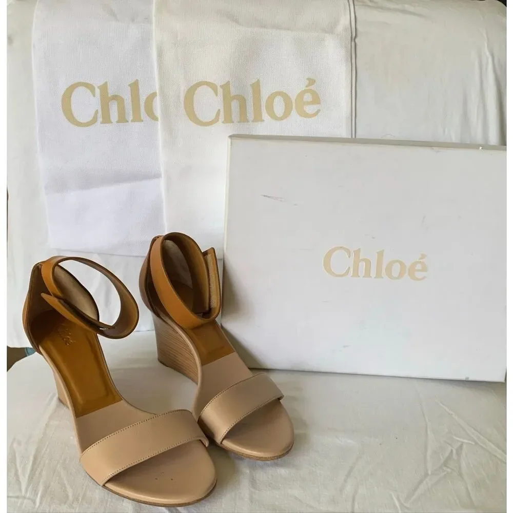 Chloe Gala tan Strappy Ankle Wedge Leather SANDALS Shoes sz 37.5